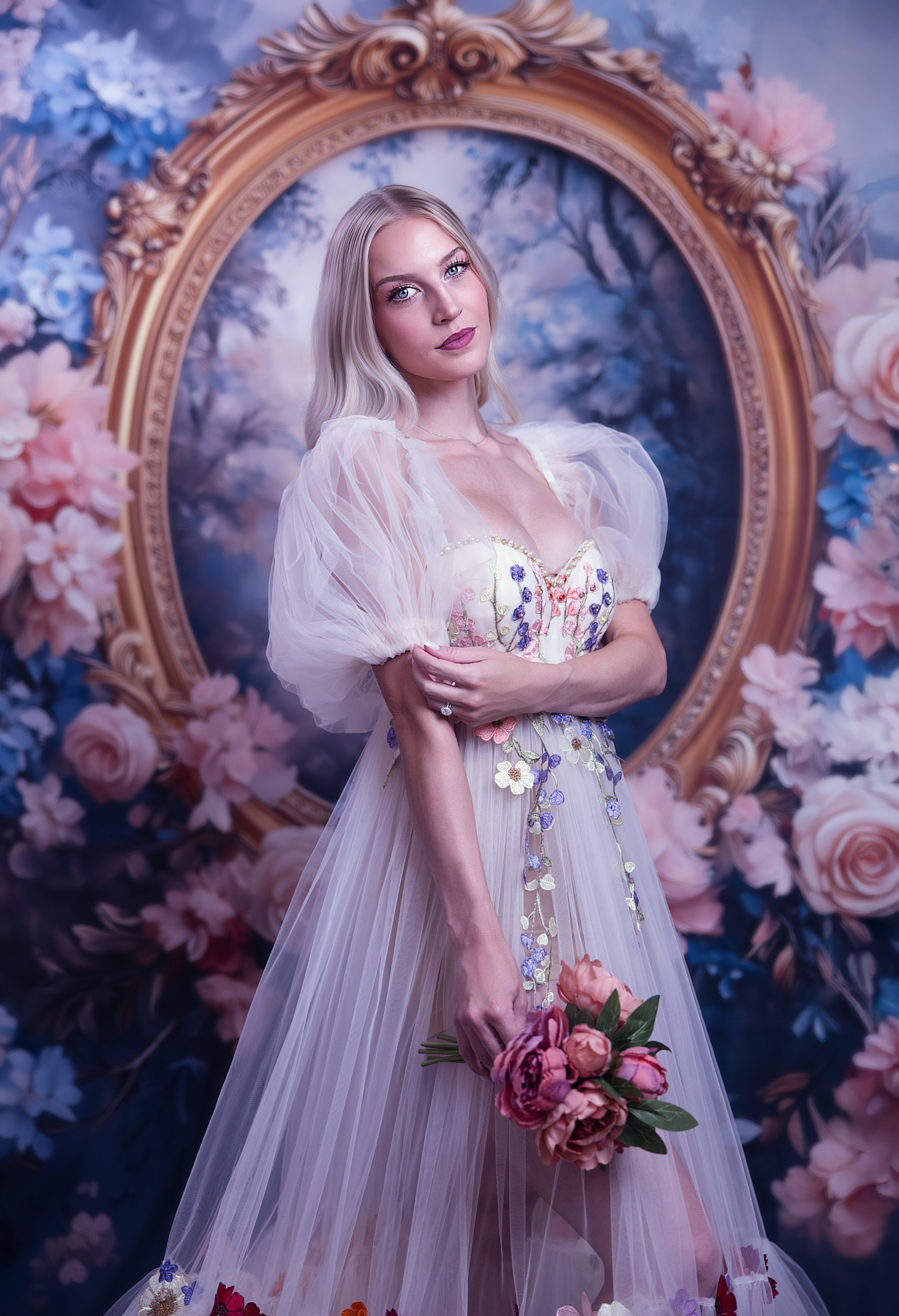 Client portrait in floral gown with ornate frame